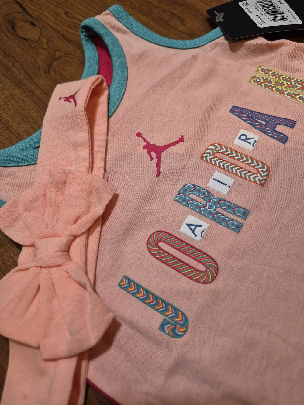 Super Cute Jordan Pink and Teal Infant Romper with Bow Headband